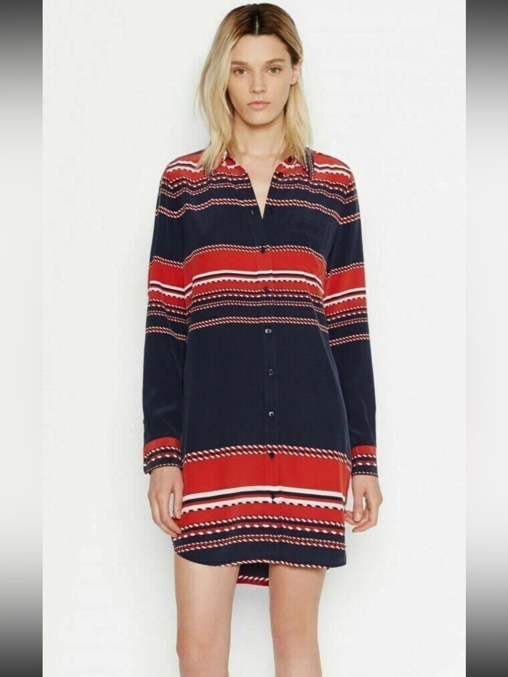 Equipment Femme - Silk Shirt Dress - Nautical Red And Navy - Size Large